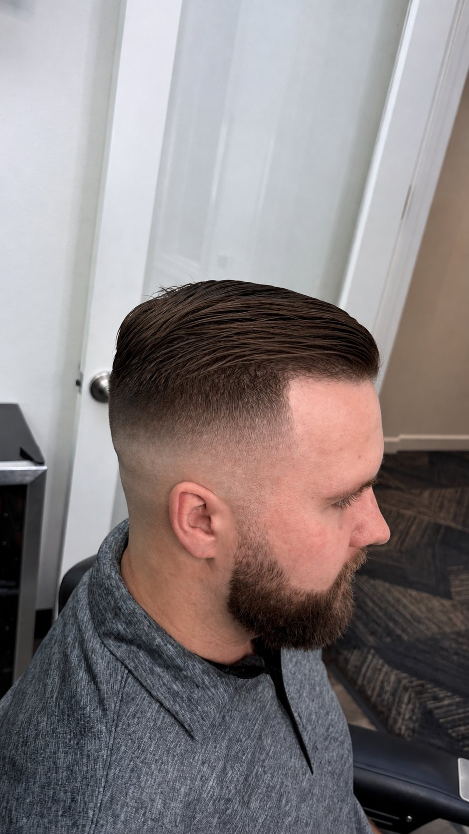 Shaped beard blended into a taper fade, Die4Fadez Barbershop client in National City, CA